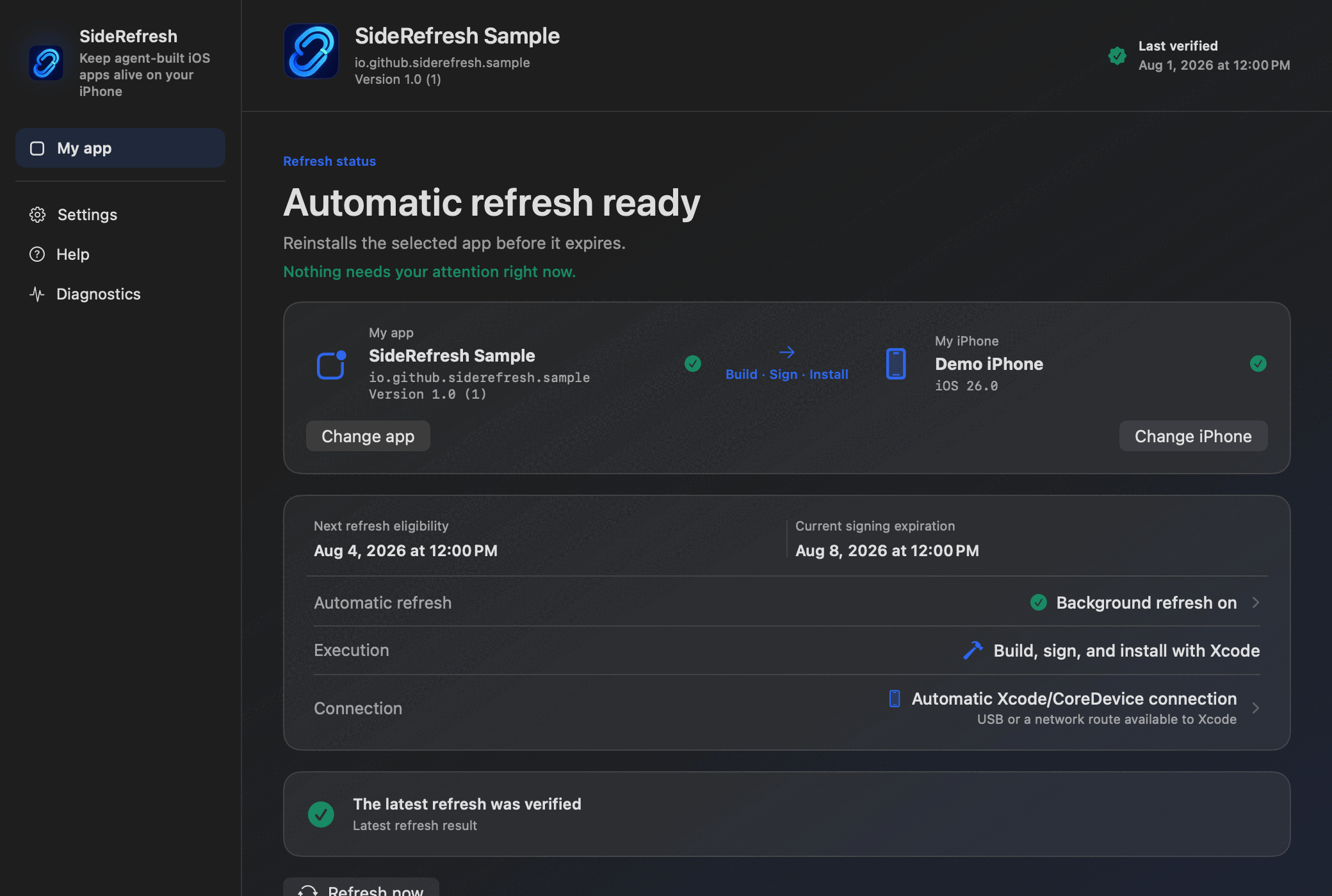 SideRefresh showing a verified personal app, its selected iPhone, and the next refresh date